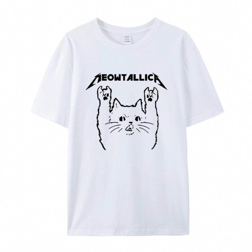 Parody Metal Band Meowtallica Cat Cartoon Print Summer Pure Cotton Round-neck Pullover Men's and Women's Short-sleeved Cotton
