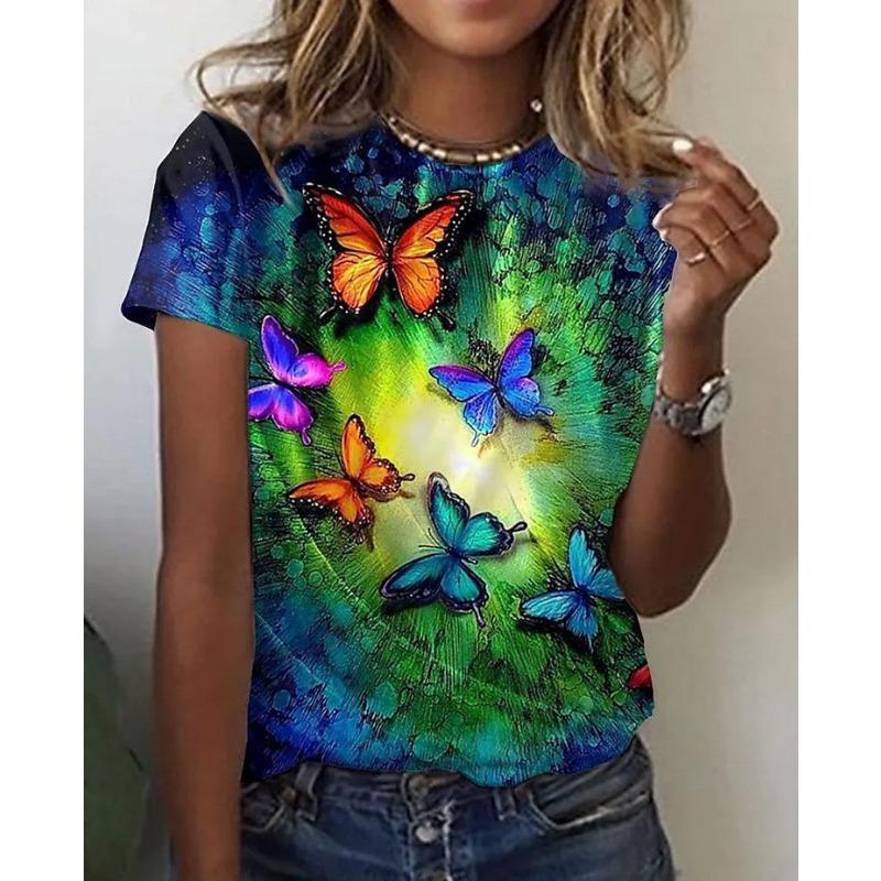 Letnie T-shirty damskie z krótkim rękawem, modne i codzienne, z okrągłym dekoltem i nadrukiem 3D motyla i ważki