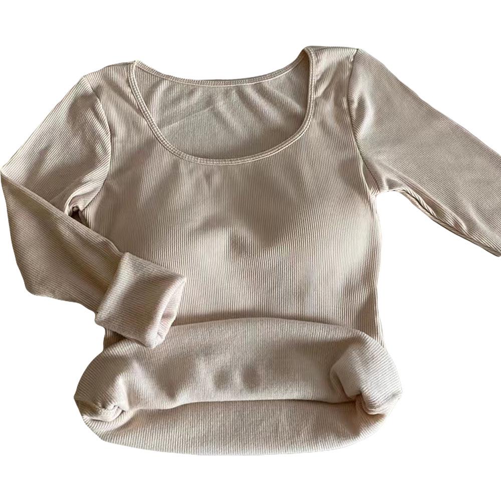 Korean Style Slim Fit Square Neck Brushed Velvet T-Shirt with Chest Pads for Autumn and Winter