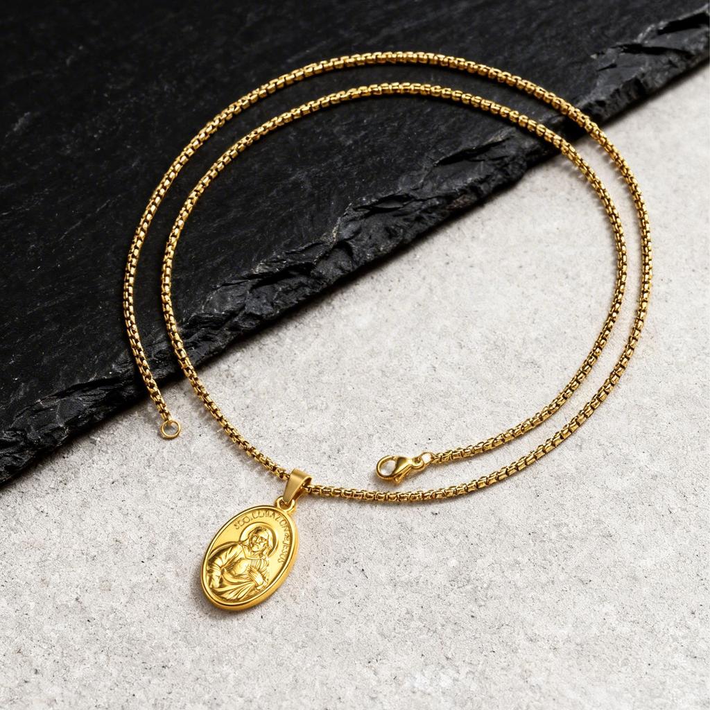 Vnox Double Side Virgin Mary Pendant Necklace, Gold Color Stainless Steel Box Chain, Trendy Religious Jewelry Gift for Women Men