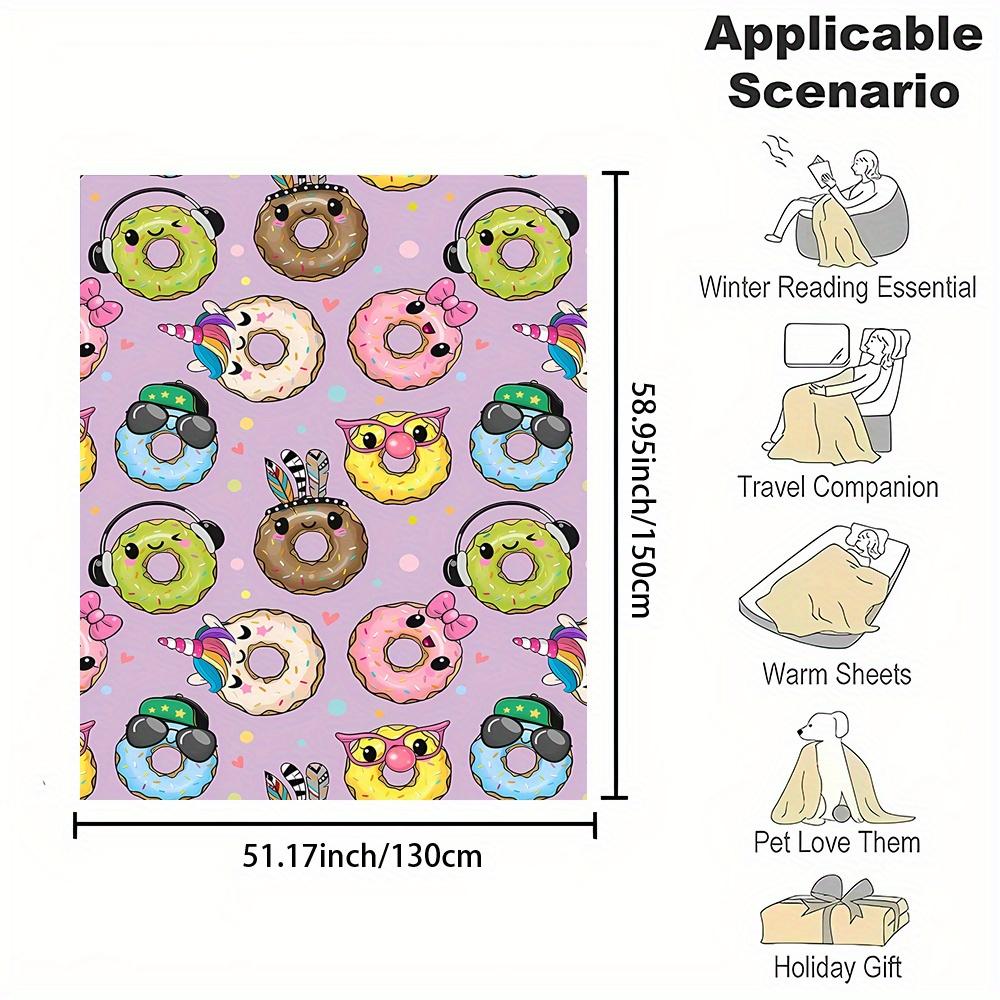 Cartoon Donut Print Flannel Throw Blanket Reversible All Season Soft Durable Office Nap Gift
