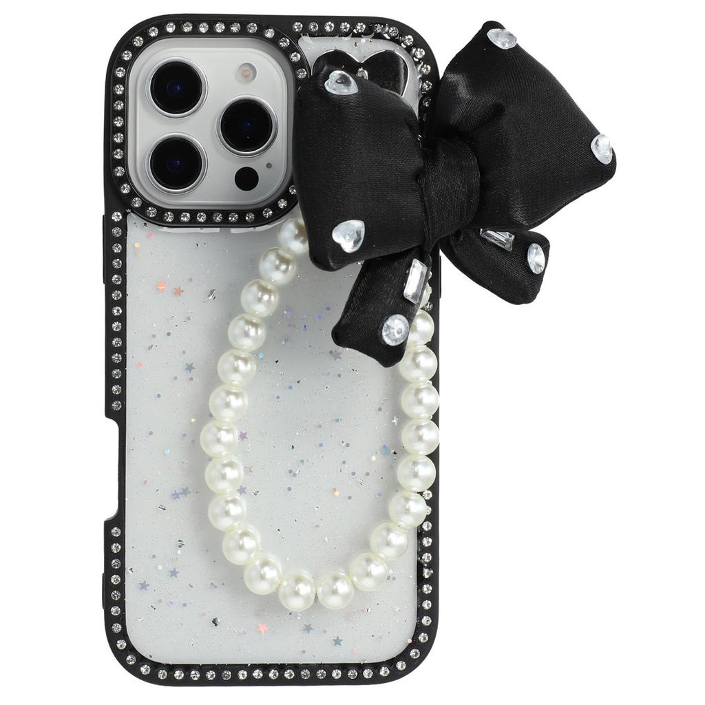 For iPhone 16 Pro Max Case Glitter Epoxy Design TPU+PC Phone Back Cover with Bow Strap,Rhinestone Decor