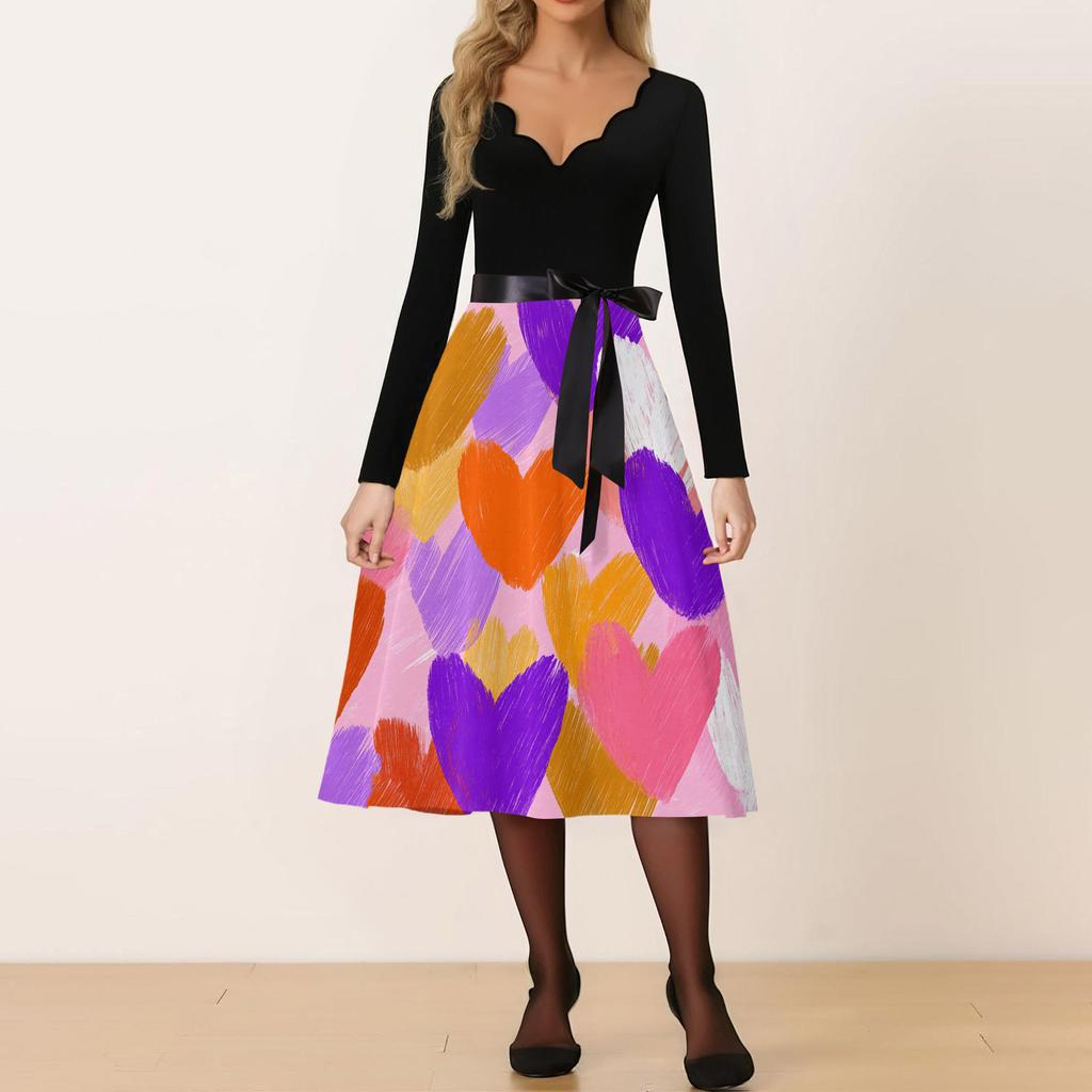 Damen Casual Mode V-Ausschnitt Valentinstag Print Retro Kleid