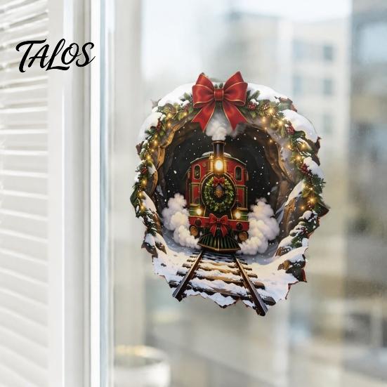 Snowflake Wall Clings Christmas Vintage Steam Train Static Window Sticker, 3D Broken Effect Glass Festive Film No-Adhesive Decal for Xmas Home