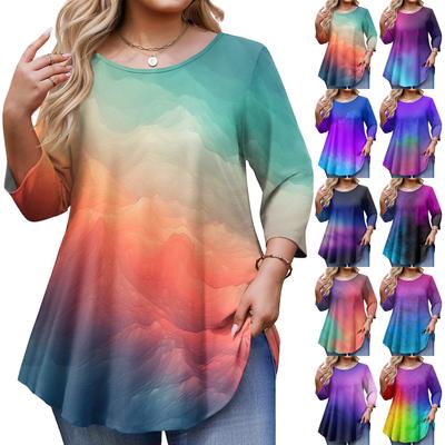 Women's Plus Size 3/4 Sleeve Curved Hem Round Neck Fashionable Top