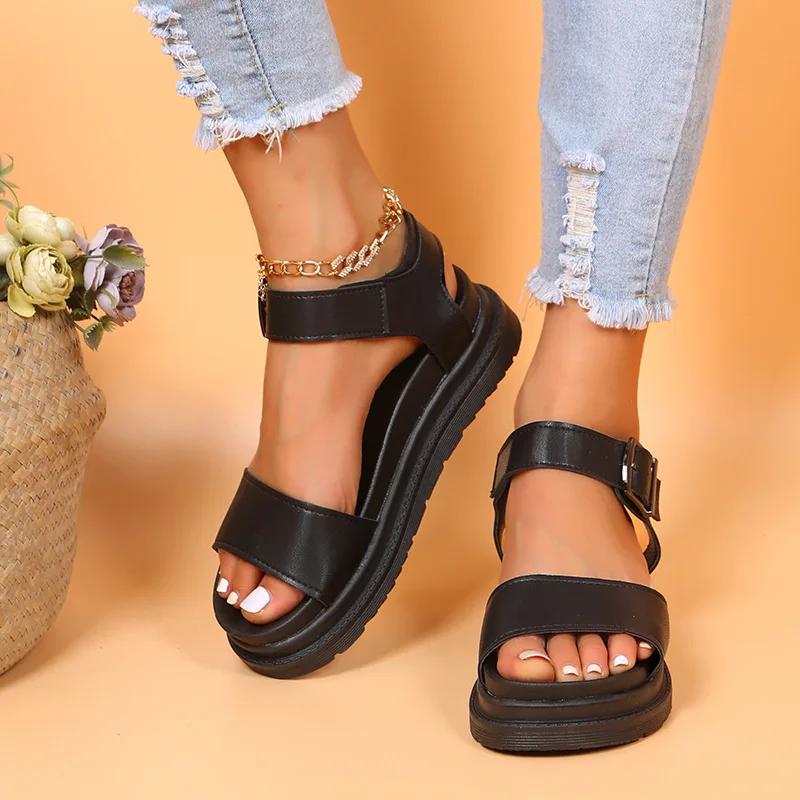 Fashion Women's Leather Sandals One-word Belt Buckle Roman Shoes Ladies Open Toe Flat Sandal Shoes Beach Holiday Sandals Sandalias