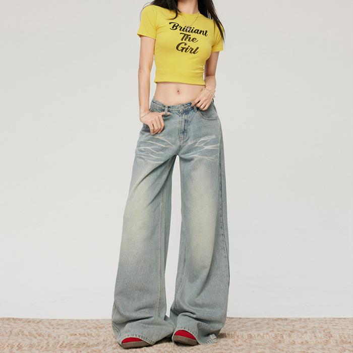 Minghai American Retro Light Wash Wide Leg Jeans for Women - Spring Slimming Floor-Length Extra Large