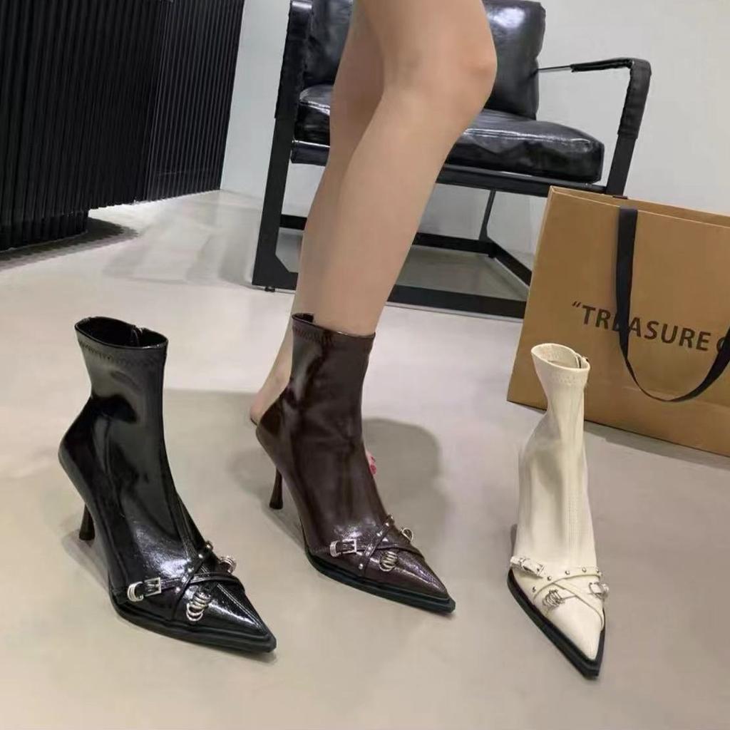Spice girls fried street pointed high-heeled short boots children's autumn and winter new temperament bare boots advanced sense rivet thin heel thi