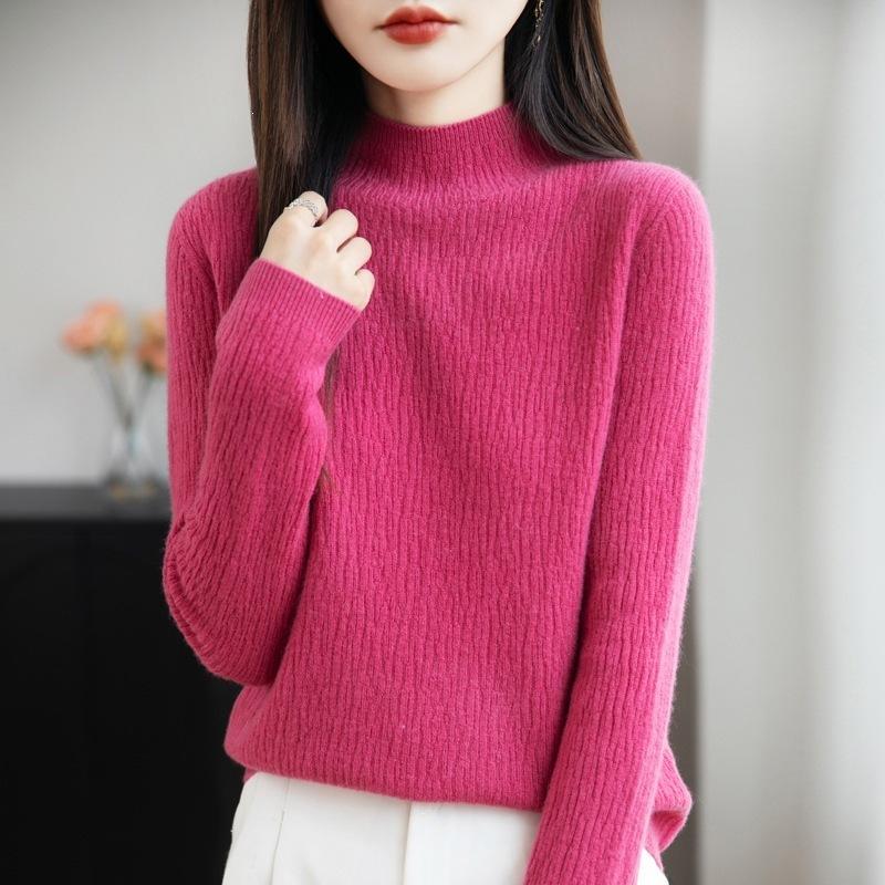 Long-sleeved Pullover Sweater for Women, Fitted and Slimming, with A Semi-high Collar, Knitted Base Layer Top