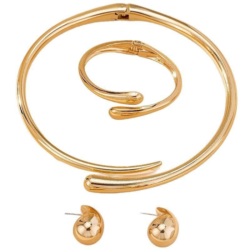 European and American Trend Water Drop Design Collar Bracelet Stud Earrings Ring Set Retro Simple and Elegant Jewelry