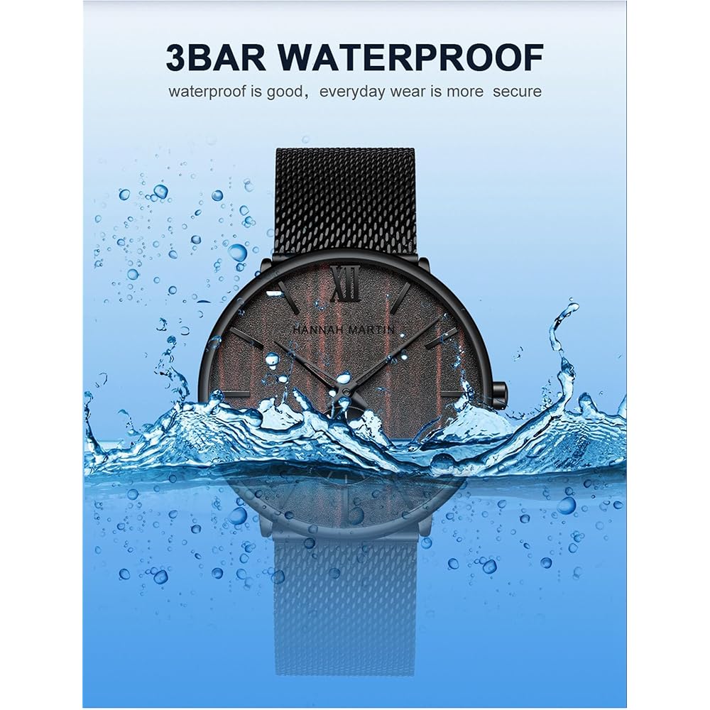 Hannah Martin Men's Ultra-Thin Black Watch Waterproof Fashion Stainless Steel Band Walnut Wood