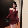Sexy Slash Neck Long Sleeve Mini Dress Women Fall Winter Streetwear Slim Pleats Dress Y2K Fashion Solid Bottoming Wrap Dress New
