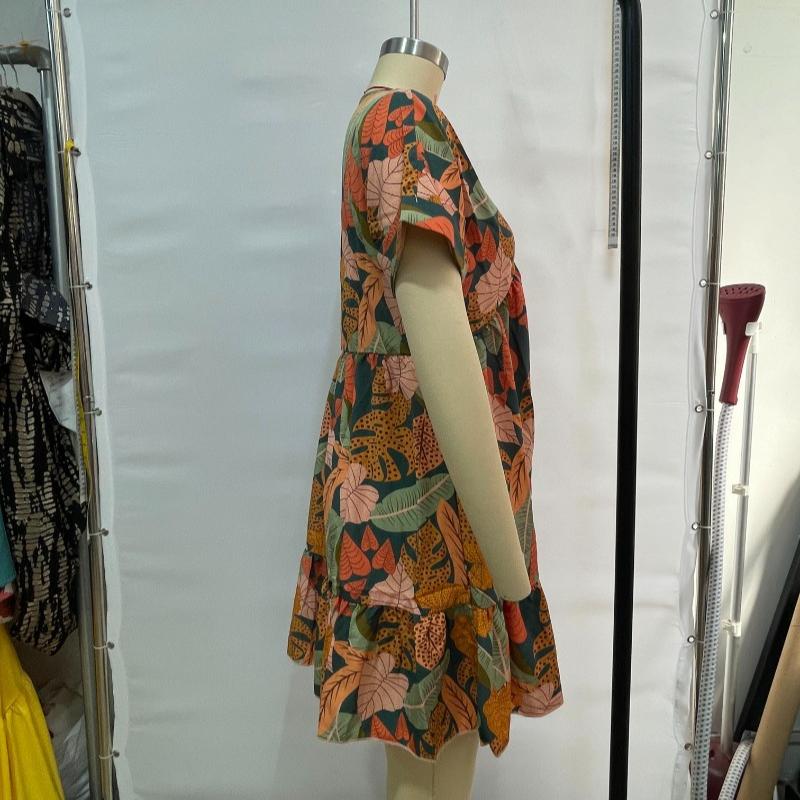 Mode Kurzarm V-Ausschnitt Slim Fit Lässiges Sommerkleid Damen Eleganter Druck A-Linie Lose Damenkleider Vintage Plissee Damen Strandkleid Neu 26552