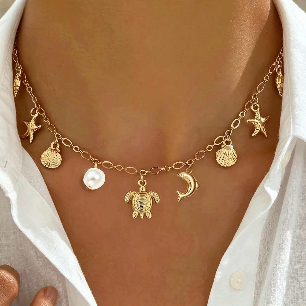 Set Collana e Bracciale Estivo Bohemien con Stella Marina, Conchiglia e Perle