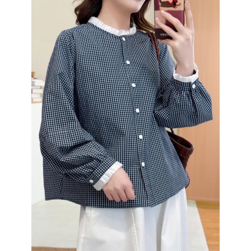 Spring 2026 Women's Artistic Lace-Trim Plaid Doll Shirt - Loose Casual Slimming Top
