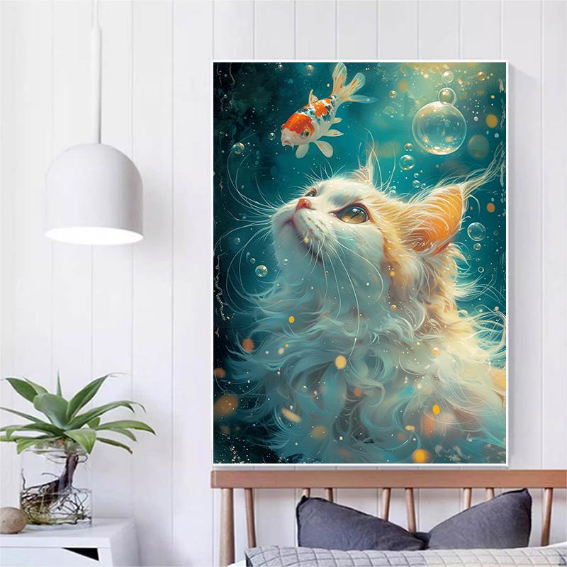 Pictură cu diamant 5d DIY cu punct de cruce, animale, pisici și pești de aur, artizanat, broderie cu diamante, mozaic, decor acasă