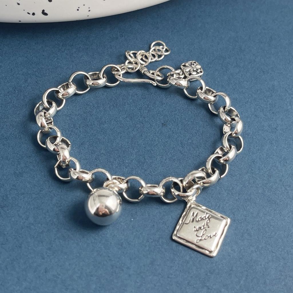 100% Solid 925 Sterling Silver Retro Bracelet for Women Men Vintage Handmade Letters Ball Simple Bracelet Birthday Gift