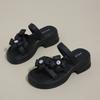 CRLAYDK Sandals for Women Strap Slip On Flowers Leather Slides Ladies Footwear Platform Low Square Heel Casual Beach Slippers