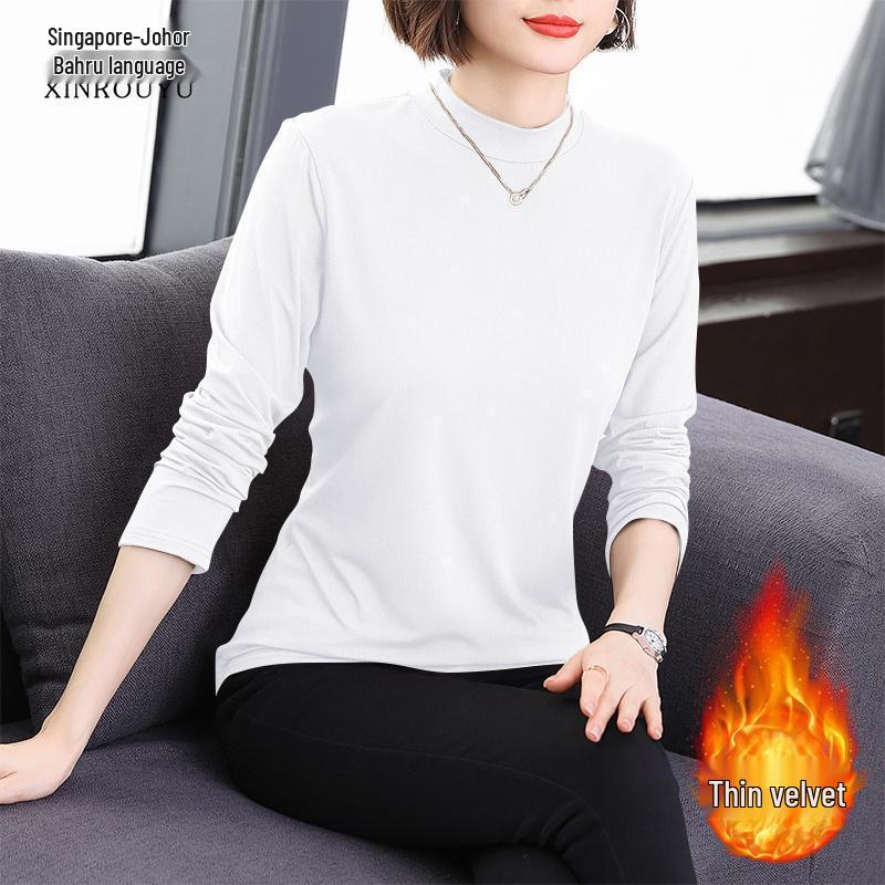 Plus Size Plush Long-Sleeve T-Shirt with Half-High Collar for Women