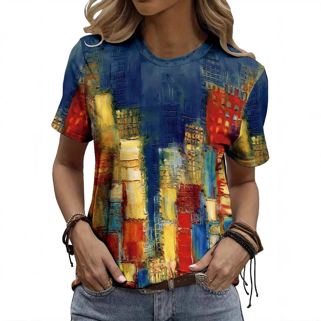 Summer Round Neck Abstract Creative Patterns 3D Print Top Fashionable Casual Short Sleeved Women's T-shirts