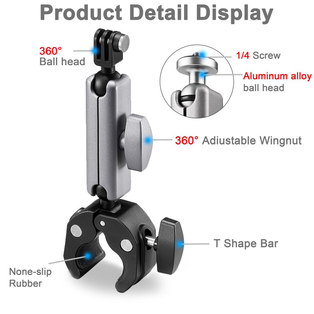 FitStill Super Rotation Angle Action Camera Clamp with Double Ball Head Design and Aluminum Alloy Bicycle and Motorcycle Clip Mount for Go Pro Hero