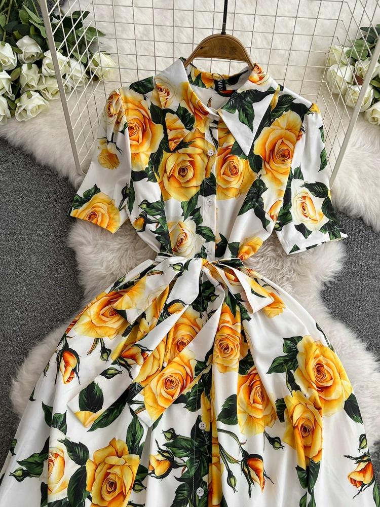 Vestido de pasarela con estampado de diseñador para mujer, elegante vestido de fiesta con cuello vuelto y camisa rosa amarilla