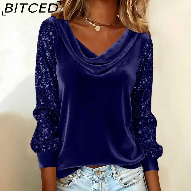 BITCED Fashion Women's Velvet Sequined Patchwork Long-Sleeved T-Shirt Top