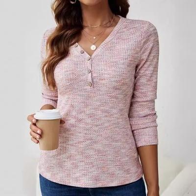 Autumn Tops Long Sleeve T-shirt Casual Buttons V Neck Pullovers Women Clothing