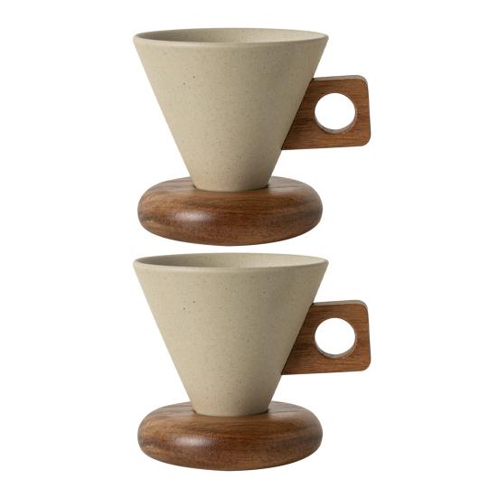 Vintage Kahve Kupası Seramik Konik Kupa Ahşap Saplı ve Tabaklı Stabil Çay Kupası Çay ve Kahve Severler İçin Eşsiz Hediye
