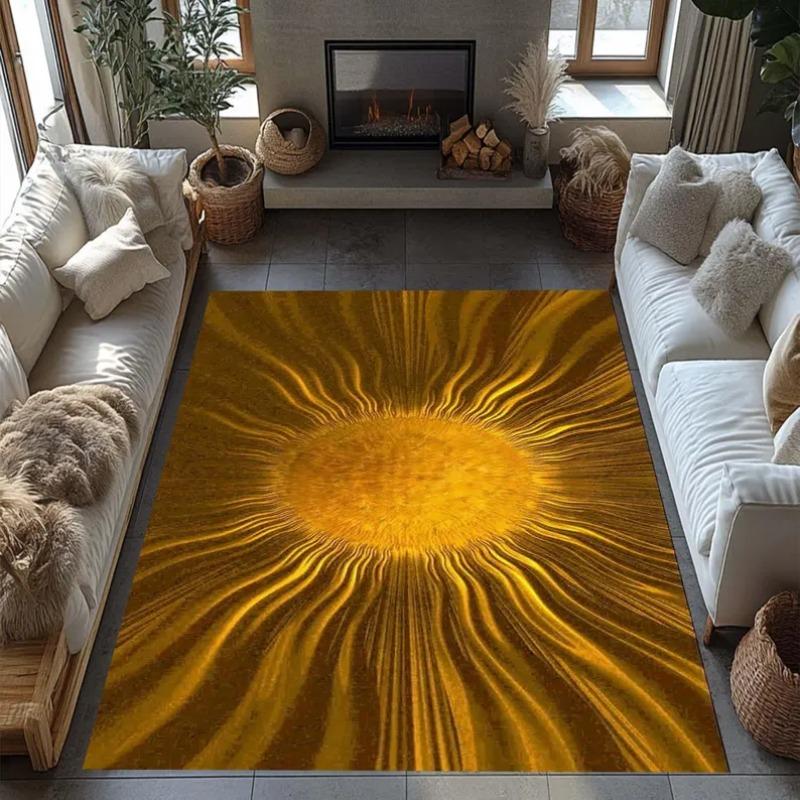 Solar Energy Center Carpet, Dynamic Golden Rays Illusion Floor Art, A Striking Statement Piece for Modern & Eclectic Interiors