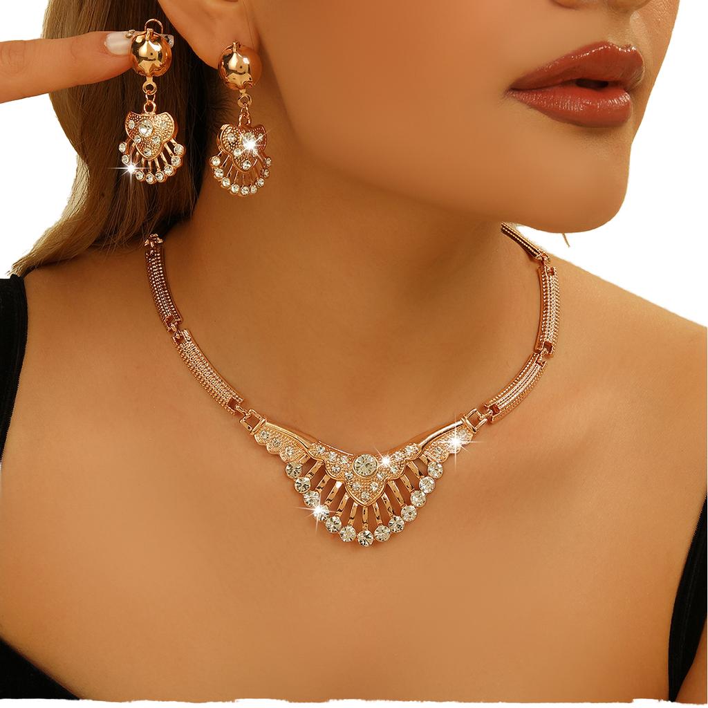 Elegant Gold Plated Alloy Wedding Jewelry Set-Bridal Necklace with Rhinestone for Brides Party & Gift Accessories