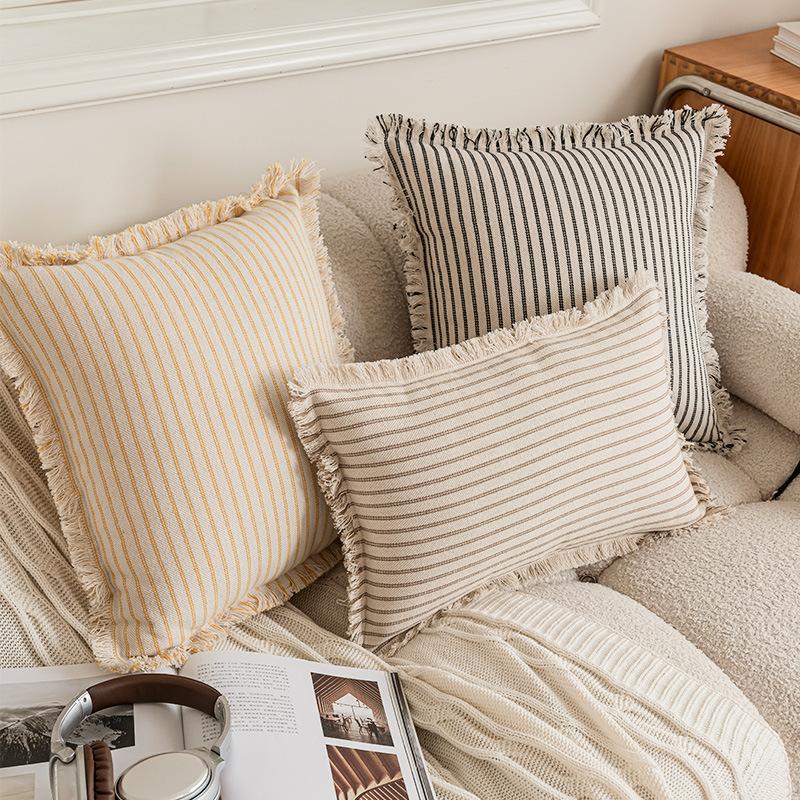 Large Coarse Cotton Striped Fringed Pillow Case Fresh Light Sofa Cushion Cover for Sofa Home Bedroom Pillow Cover Decorations