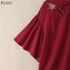 ZANZEA Women Stand Collar Casual Embroidery Loose Short Sleeve Blouse