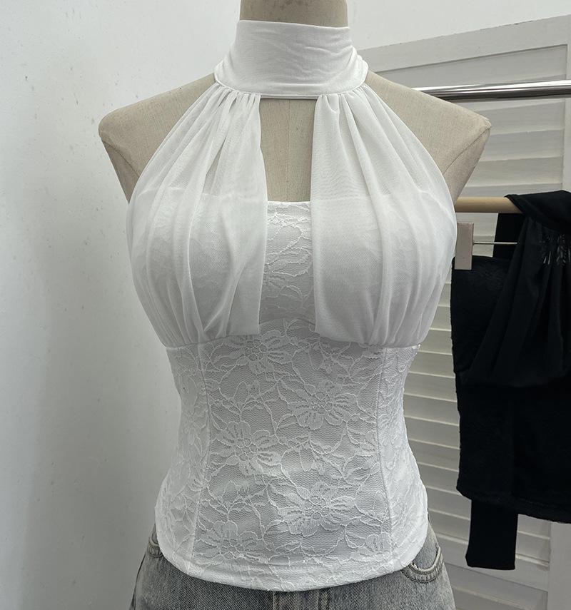 

French Halterneck Lace Mesh Top with Chest Pads - Sexy Backless Camisole One Size білий