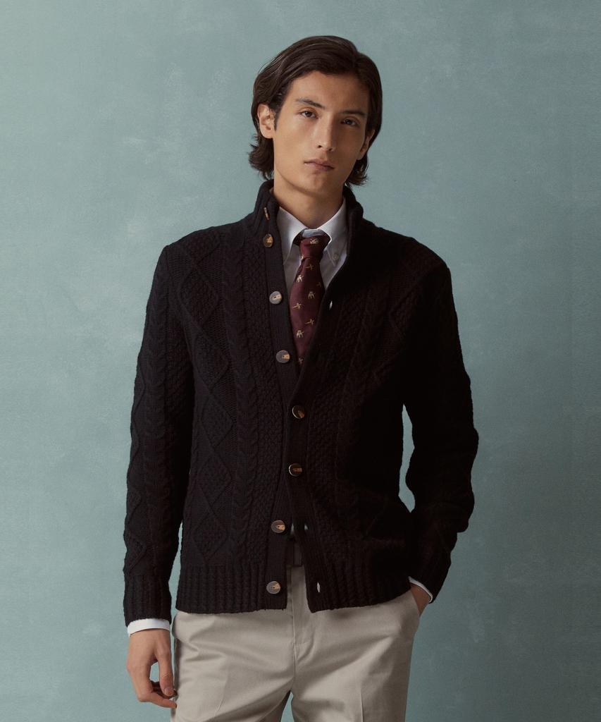 Brooks Brothers Wool Aran Cable Mock Neck Cardigan (Black) (Bbwcmmf404)
