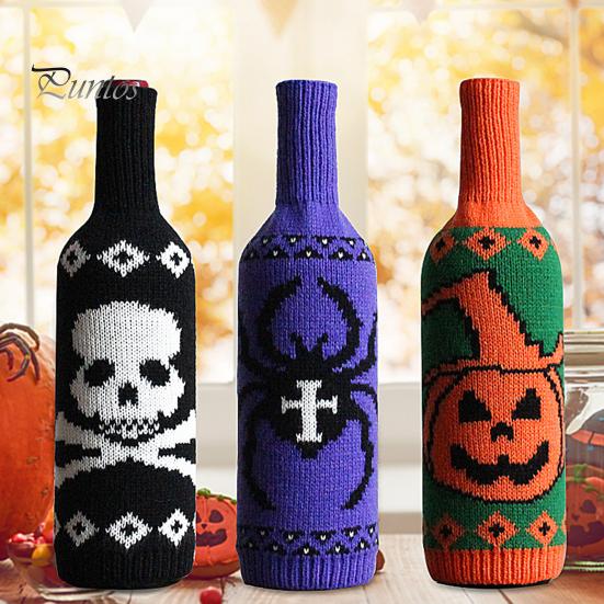Spider Web Wine Decoration Halloween Bottle Sweater, Reusable Knitted Champagne Cover, Pumpkin Skull Cover Pattern Sleeve for Dining Room Table Decor
