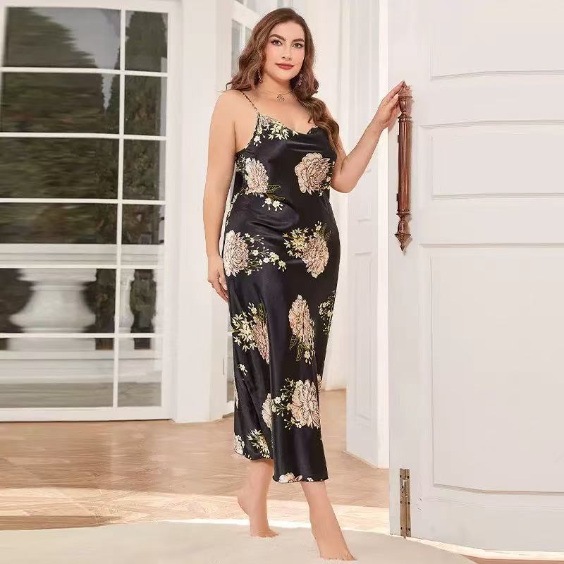 Summer Fat and Plus Size Ice Silk Sleepwear Casual Sleepwear Sexy Printed Suspender Nightgown