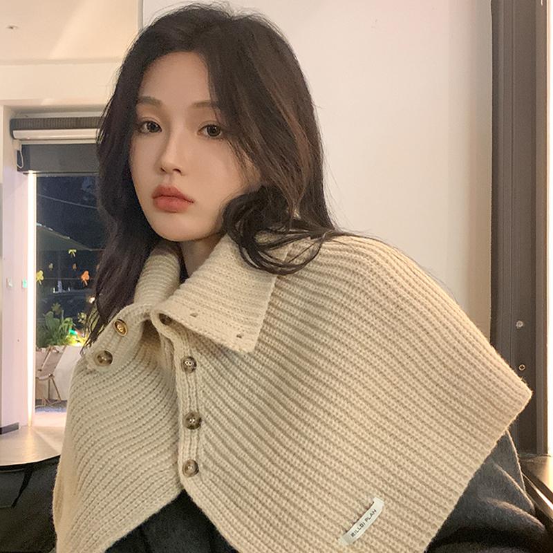 Button Scarf Women Autumn Winter Korean Style All-Match Warm Neck Cover Outer Wear Split Knitted Scarf