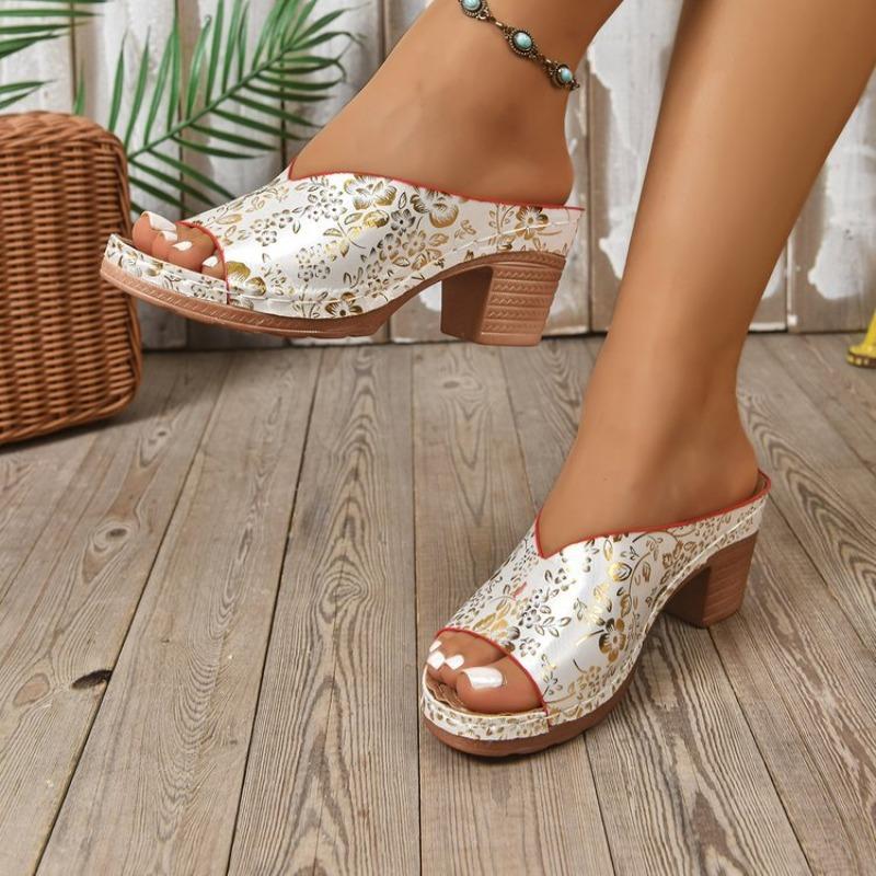 Women's Chunky Heel Peep Toe Sandals, Printed Platform Summer Slides, Plus Size Fashion Open Toe Shoes