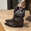 Women's Ankle Boots Pointed Toe High Heel Brown Short Boots 2026 Autumn Retro Belt Buckle Pointed Mid-Calf Boot Pants Tube Boots