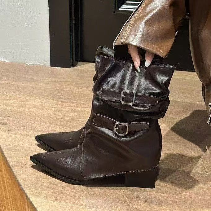 Women's Ankle Boots Pointed Toe High Heel Brown Short Boots 2026 Autumn Retro Belt Buckle Pointed Mid-Calf Boot Pants Tube Boots