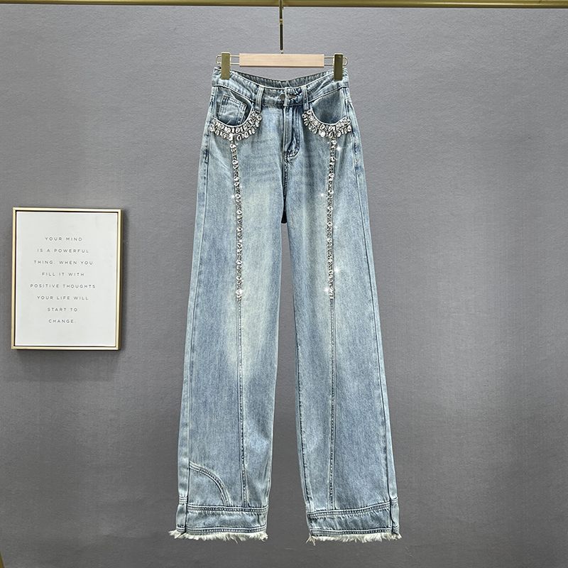 

Изысканные джинсовые брюки со стразами на весну, с высокой талией, европейские товары, свободные Blue S