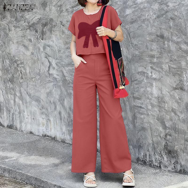 ZANZEA Conjuntos Casuais de Duas Peças para Mulheres: Blusa Floral de Manga Curta e Calças