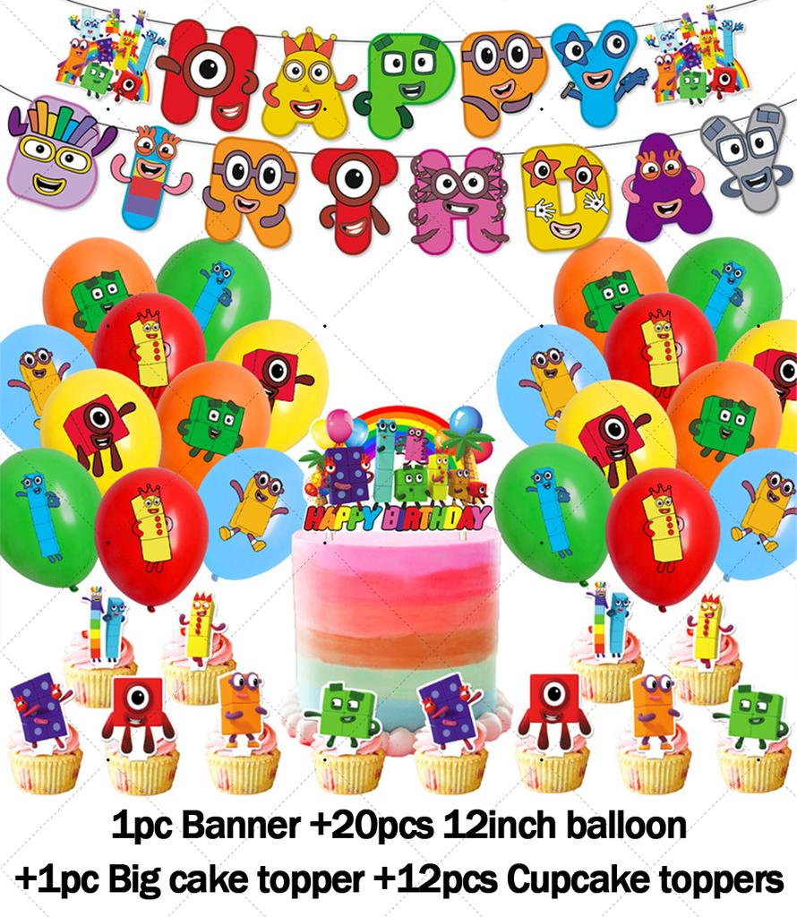 Cartoon Blocked Number Theme Birthday Party Decoration Building Background Plate Cup Balloon Backdrop Photography Prop Kid Gifts