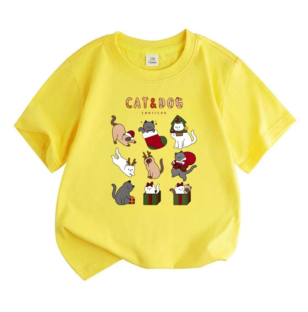 Kids Boys Girls 100% Cotton Crew Neck Short Sleeve T-Shirt, Cute Christmas Cats Collection Print Casual Soft Holiday Cartoon Tee for Children