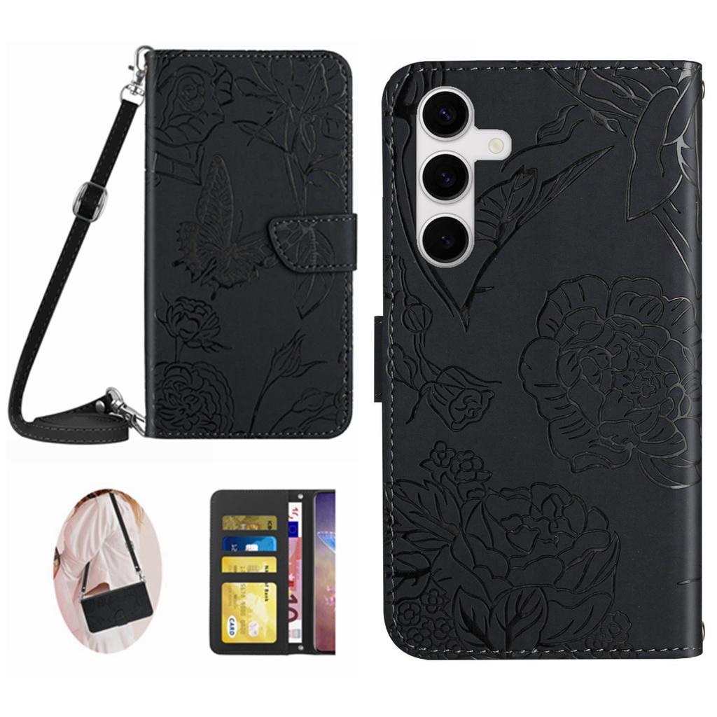 For Samsung Galaxy S25 FE Case Butterfly Flower Imprint Leather Phone Cover with Shoulder Strap