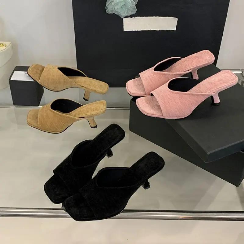 Fashion Eilyken Summer Fashion Square Toe Women Slippers Fashion Thin Low Heels Slide Shoes Elegant Party Dress Zapatos De Mujer