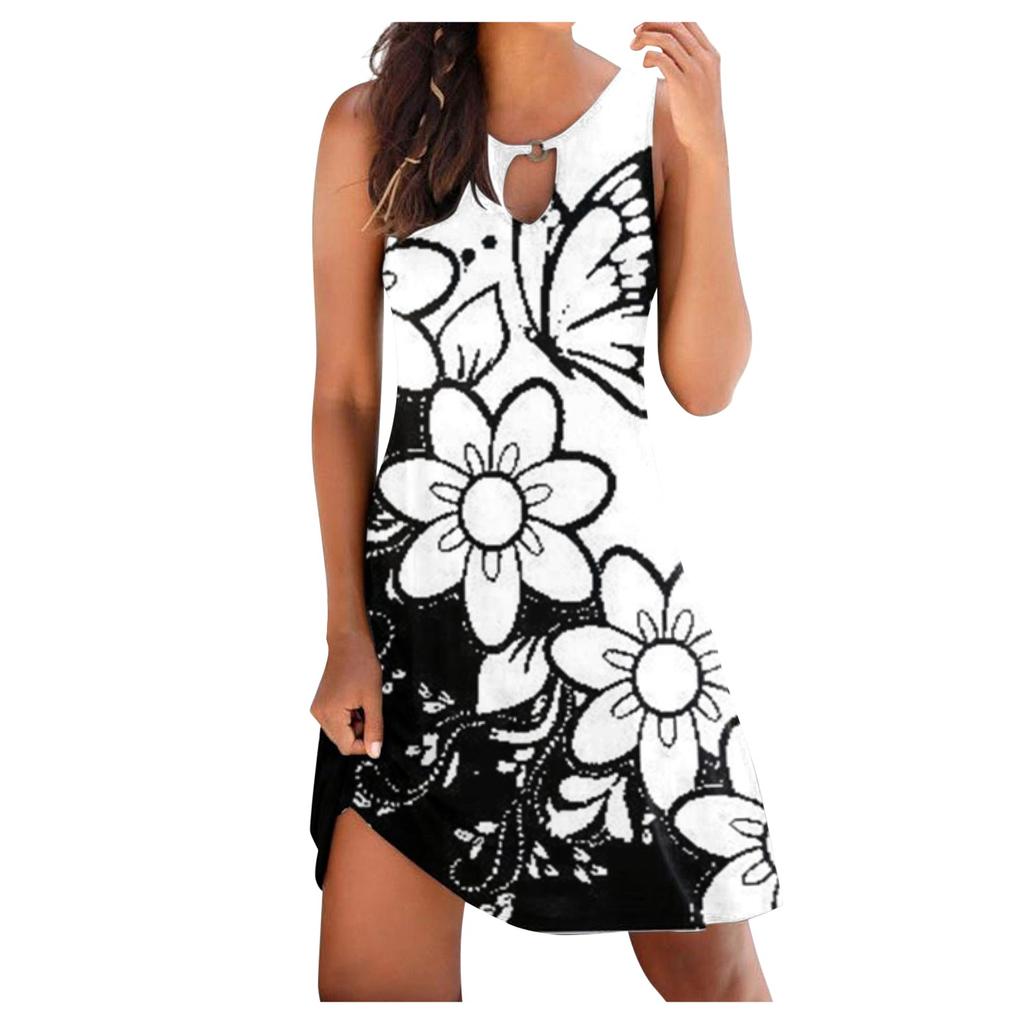 Fashion Women Summer  Print Hollow Out Sleeveless Loose  Mid Dresses