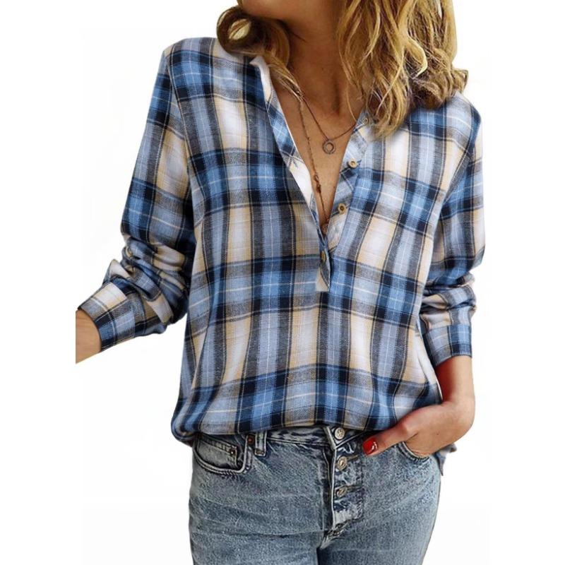 Podzimní a zimní dámská nová kostkovaná košile s výstřihem do V, módní ležérní košile na knoflíky