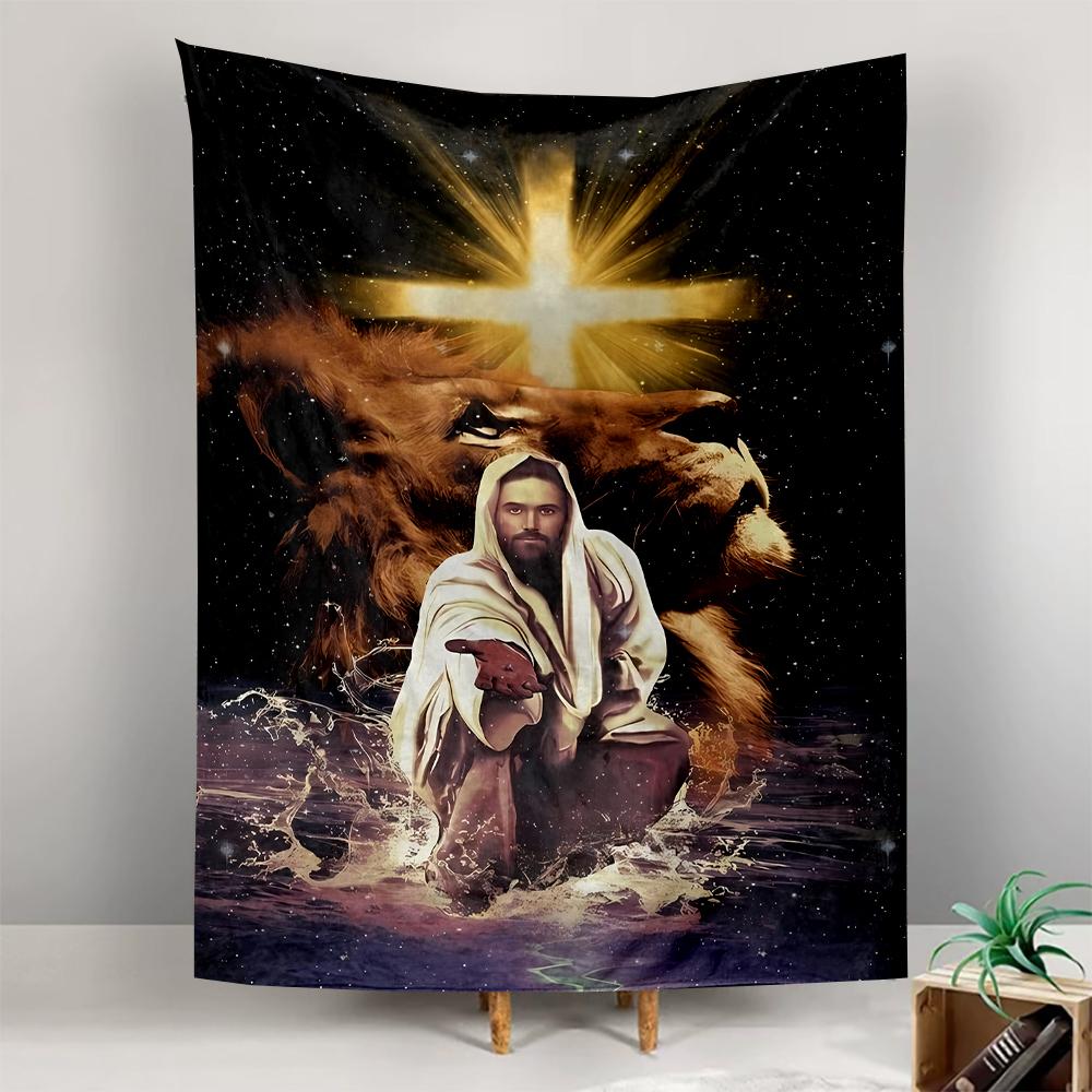 Lejon Ljus Kors Jesus Sträcker sig efter Vatten Religiös Konst Mönstrad gobeläng för sovrum och vardagsrum heminredning